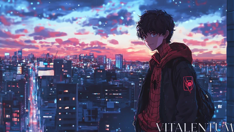 Teen vigilante on neon city rooftop at luminous dusk skyline