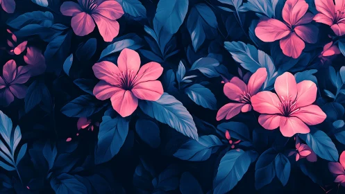 Pink Flowers Against Deep Blue Foliage.