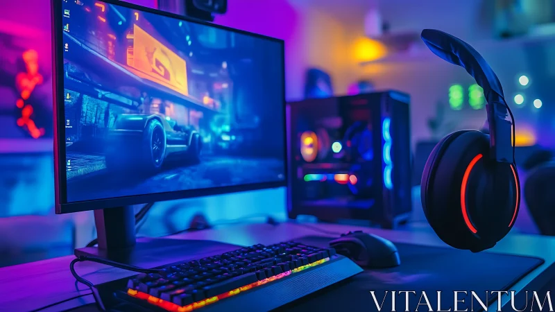 Neon soaked gaming command deck pulsing in RGB twilight.