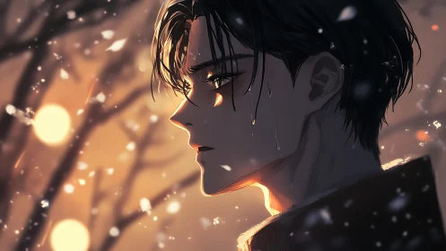 Side profile of male figure in winter dusk setting.