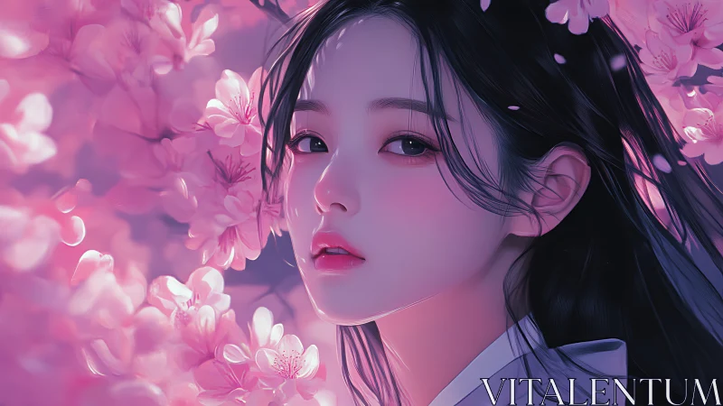 Pink sakura portrait frames serene digital maiden gaze.