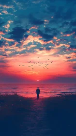 Solitary figure walks toward a neon-lit, contemplative ocean sunset