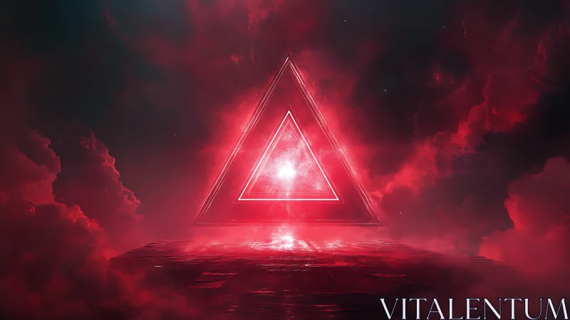 Luminous red triangular portal levitates above reflective cloud platform