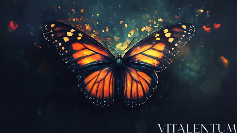Orange monarch butterfly on dark abstract background.