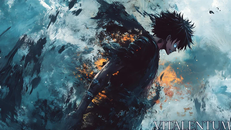 Storm-tossed boy ignites defiant fire amid shattering sky