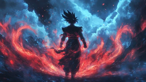 Warrior stands in roaring red flames beneath stormy skies