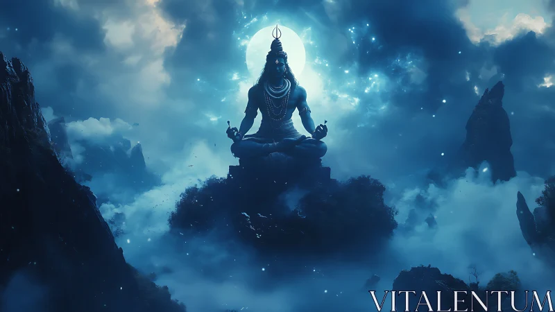 Mythic blue deity silhouette seated over misty peaks.