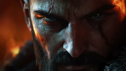 Intense scarred warrior closeup with dramatic lighting.