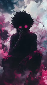 Dark silhouette figure with glowing eyes in neon clouds.