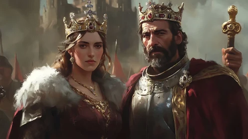 Medieval royal couple stand armored beneath stormed citadel.