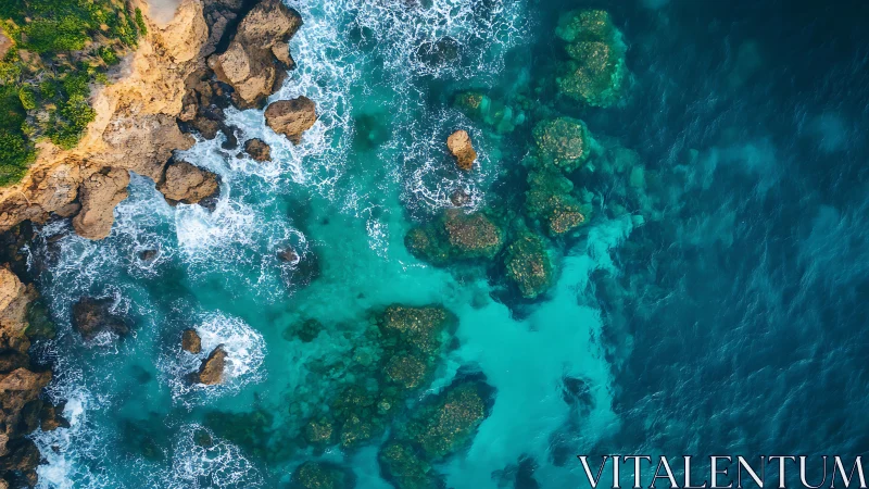 Turquoise surf collides with rugged coastal rock shelf.