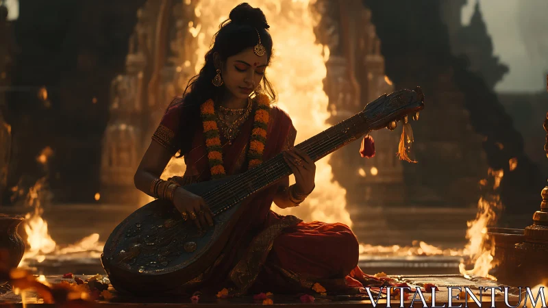 Devotional musician plays veena amid temple firelight ceremony.