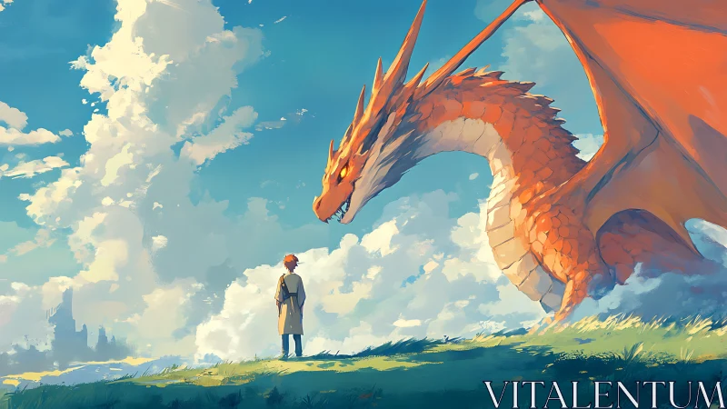 Young traveler confronts massive orange dragon on hilltop