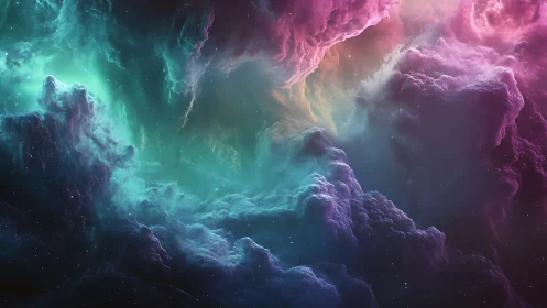 Cosmic nebula clouds in luminous teal and magenta swirl.