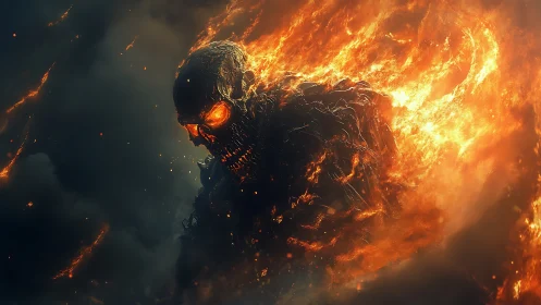 Flaming skeletal figure emerging from dense dark smoke.