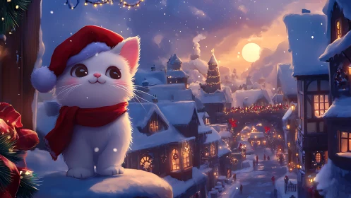 White kitten in Santa hat overlooking snowy village.