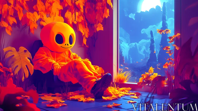 Surreal pumpkin-headed figure in neon autumn interior scene
