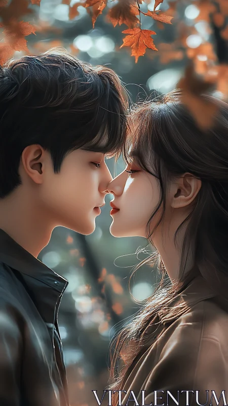 Autumn Whispers: A Tender Moment Beneath Golden Leaves.