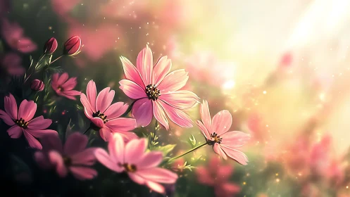 Digital botanical rendering of cosmos flowers with luminous particle effects and bokeh backdrop
