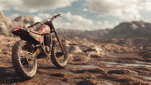 Weathered dirt bike rendered on cinematic desert trail.