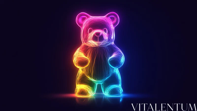 Neon teddy bear sculpture glows with electric color arcs.