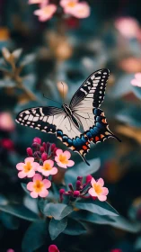 Swallowtail butterfly hovers over vivid pink garden blooms.
