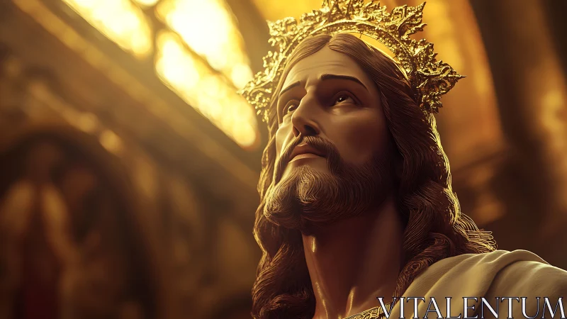 Crowned sacred figure gazes upward under warm cathedral light