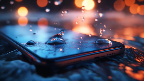 Smartphone lies on wet surface with water splash impact