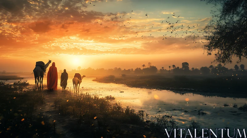 Desert river pilgrims glowing under ember-swept sunrise.