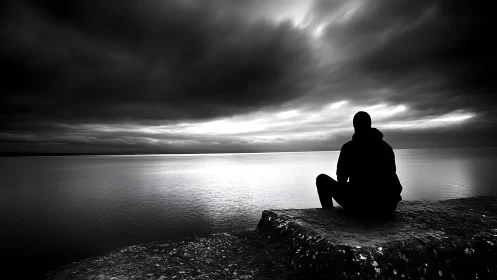 Solitary figure on rocky shore under dark storm clouds.