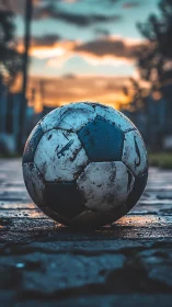 Weathered soccer ball on wet pavement at urban sunset.