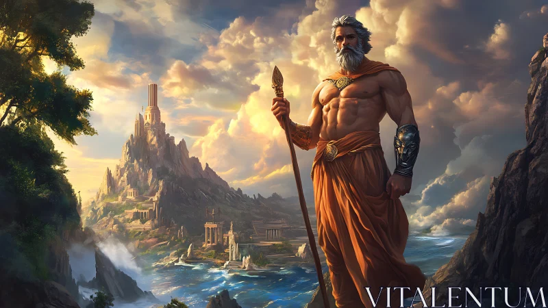Mythic godlike figure overlooking grand seaside cityscape.