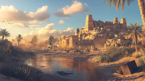 Sunlit river drifts past forgotten desert temple citadel