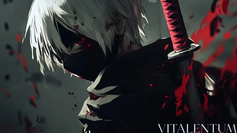 Masked white-haired swordsman rendered in dramatic anime chiaroscuro