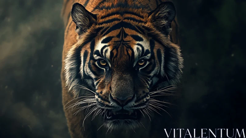 Predatory tiger portrait in dark atmospheric jungle light.