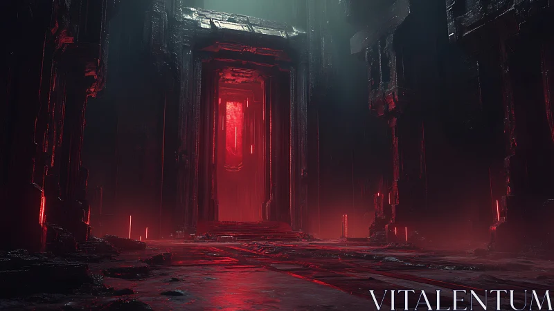 Monolithic red portal chamber in volumetric sci fi ruins.