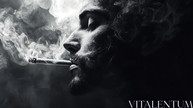 Monochrome profile portrait with dramatic smoke rendering.