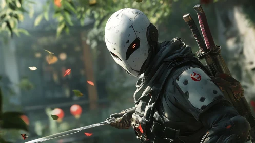 Masked cybernetic swordsman stands in outdoor foliage setting