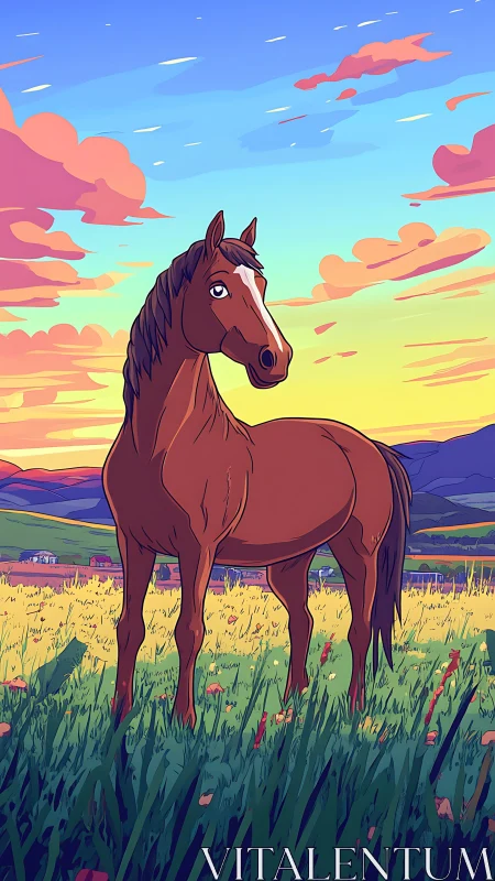 Brown horse standing in bright meadow at colorful sunset.