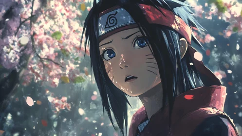 Wonderstruck ninja youth pauses under drifting blossoms