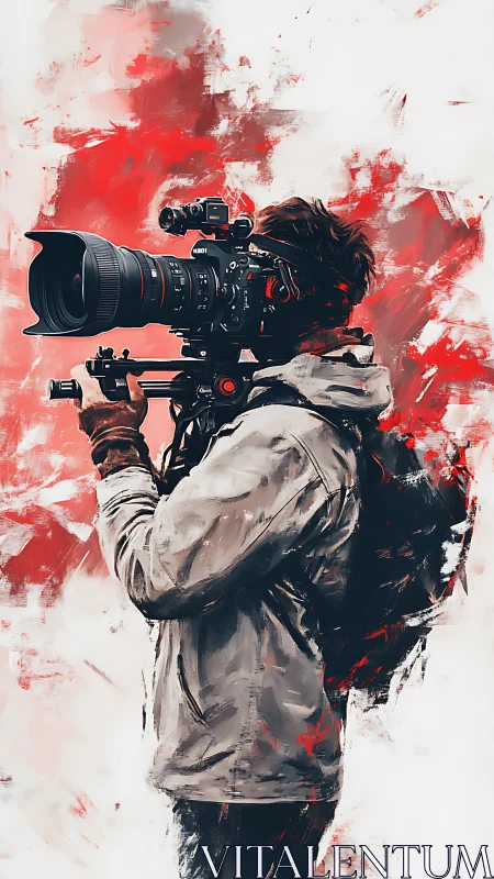 Cinematic field operator with telephoto rig in gestural red storm.