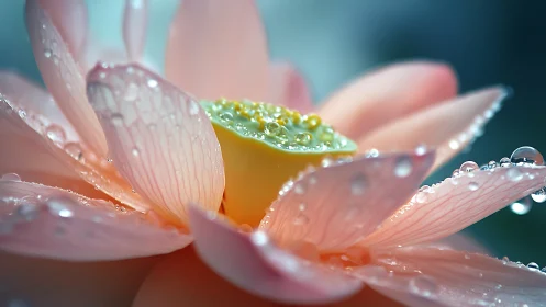 Macro lotus bloom with dewdrops on pastel pink petals.