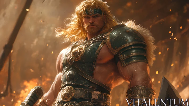 Battle-scarred barbarian warrior in molten ember backlight.