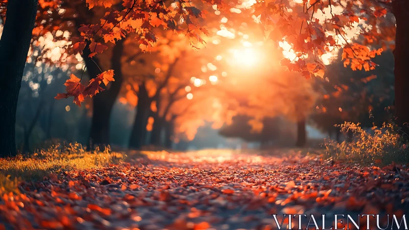 Golden autumn path glowing with soft evening sunlight.