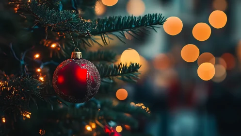 Macro view of red Christmas bauble on fir tree with bokeh lights