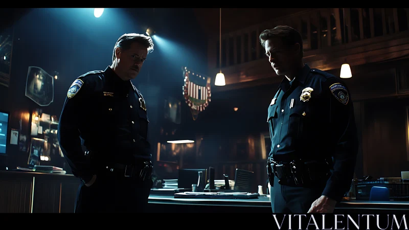 Two police officers confer in a tense, dimly lit station.