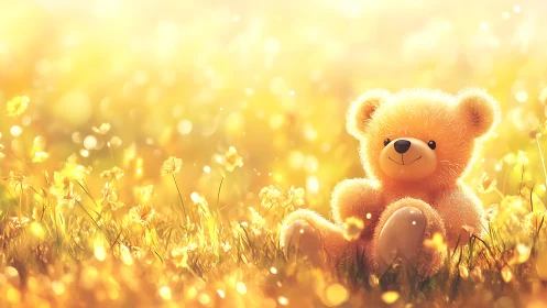 Smiling teddy bear rests in glowing golden wildflower field