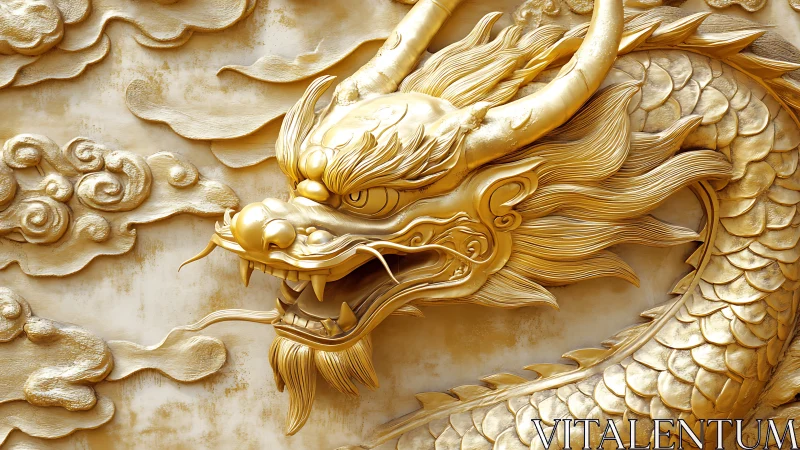 Golden dragon relief sculpture with ornate cloud motifs.