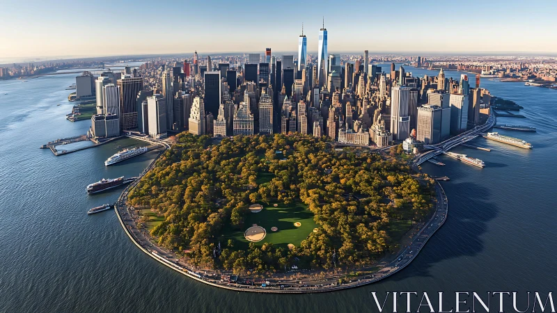 Aerial Orthographic Composition of Manhattan's Battery Park Peninsula with Surrounding Waterway Infr