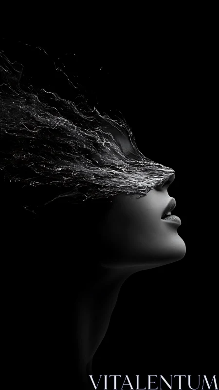 Side profile of female head merging with liquid splash form.